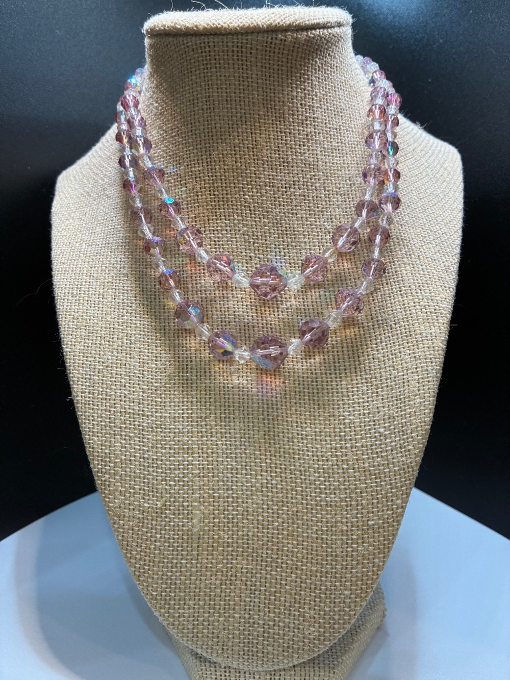 Vintage 1950’s Aurora Borealis 3 tiered faceted purple/pink crystal necklace